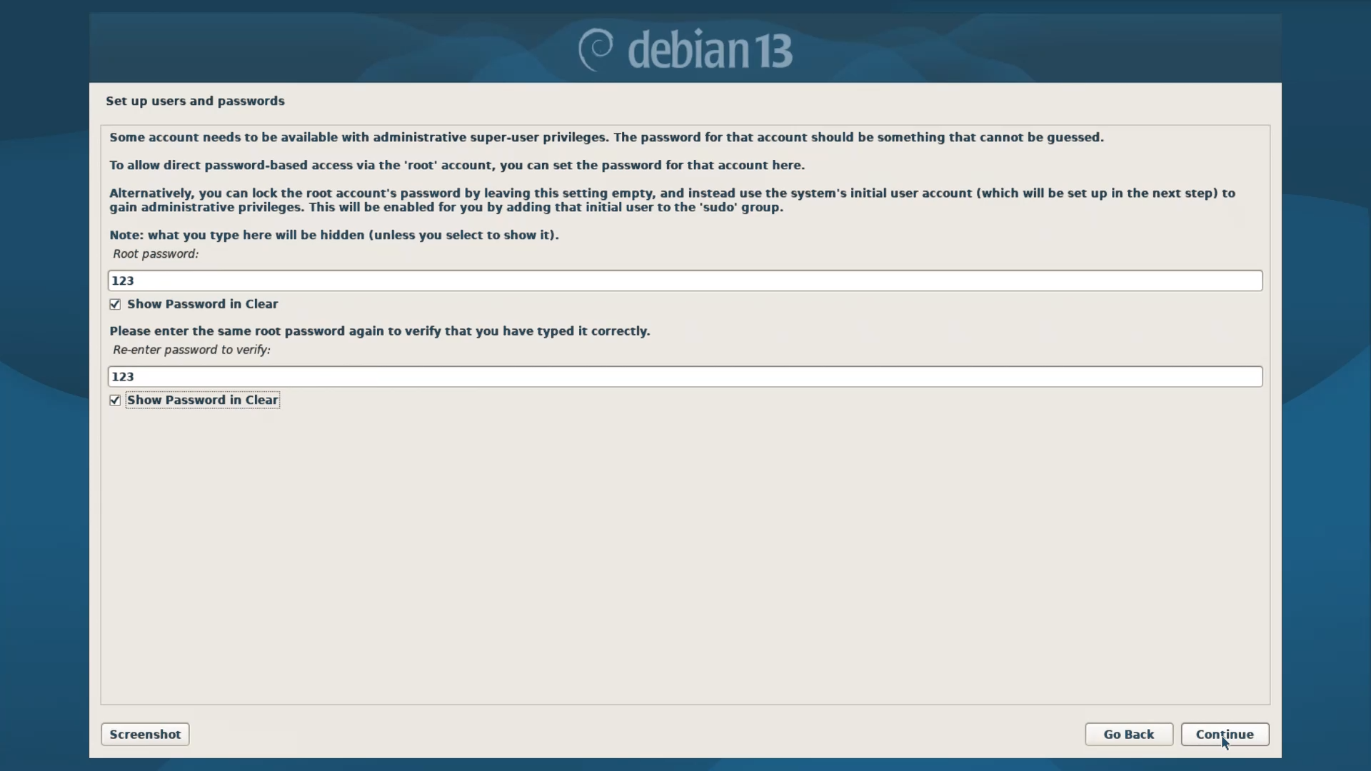 Debian Installer Menu - Root Account Password Setup