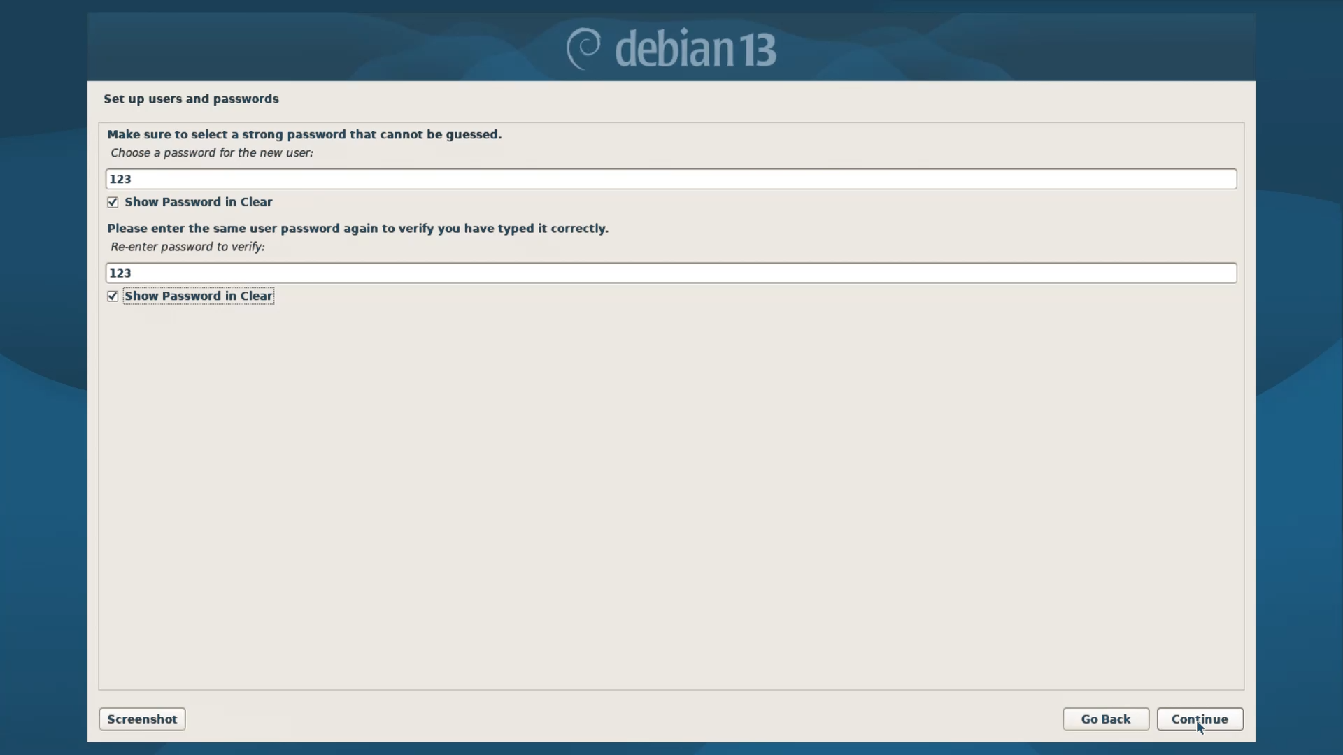 Debian Installer Menu - Create Password for New User Account