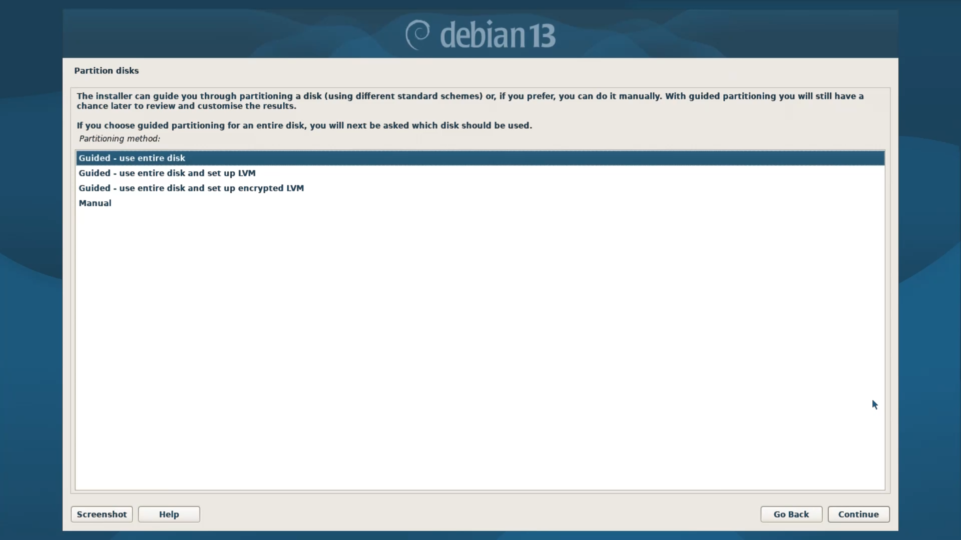 Debian Installer Menu - Partition Method