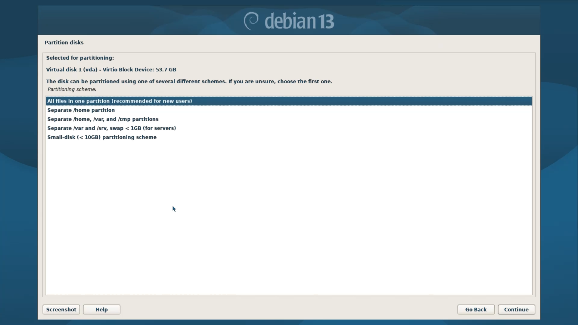 Debian Installer Menu - Partition Scheme