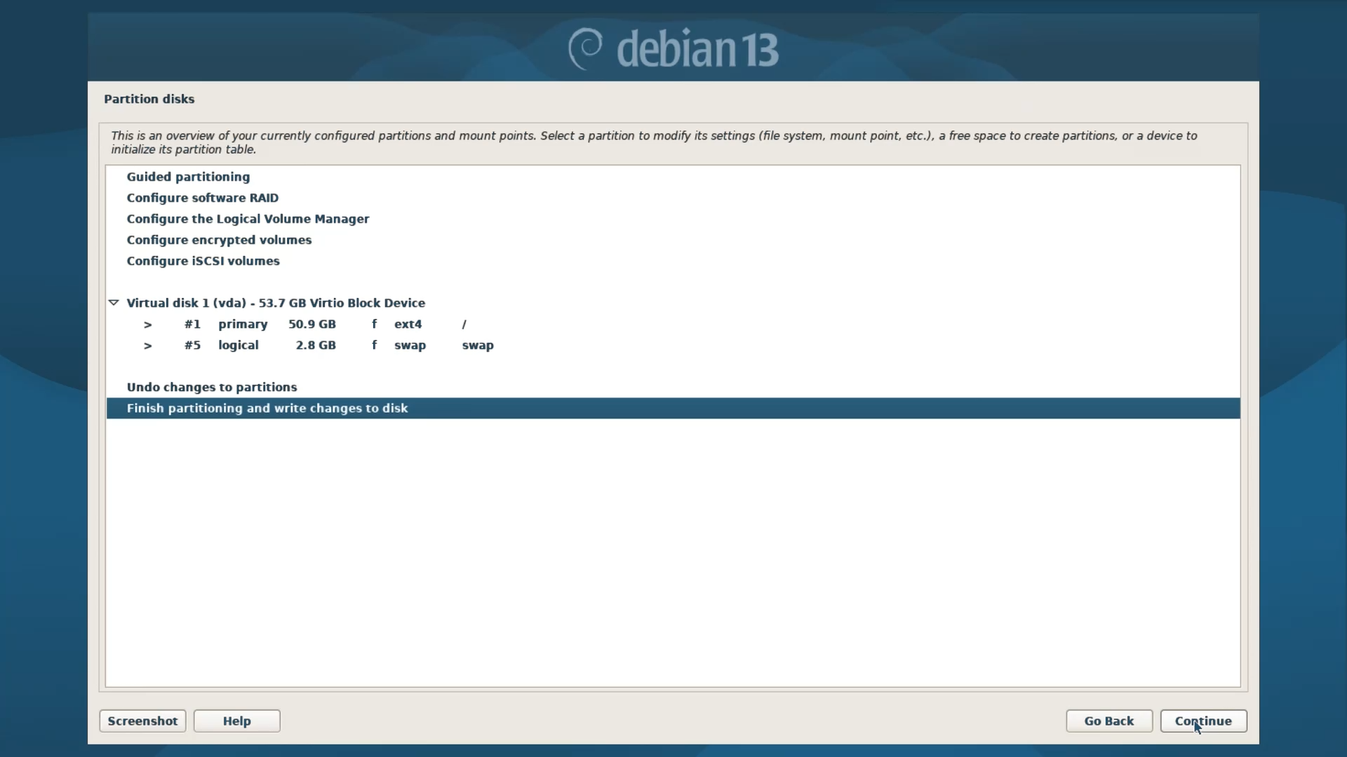 Debian Installer Menu - Finish partitioning and write changes to disk