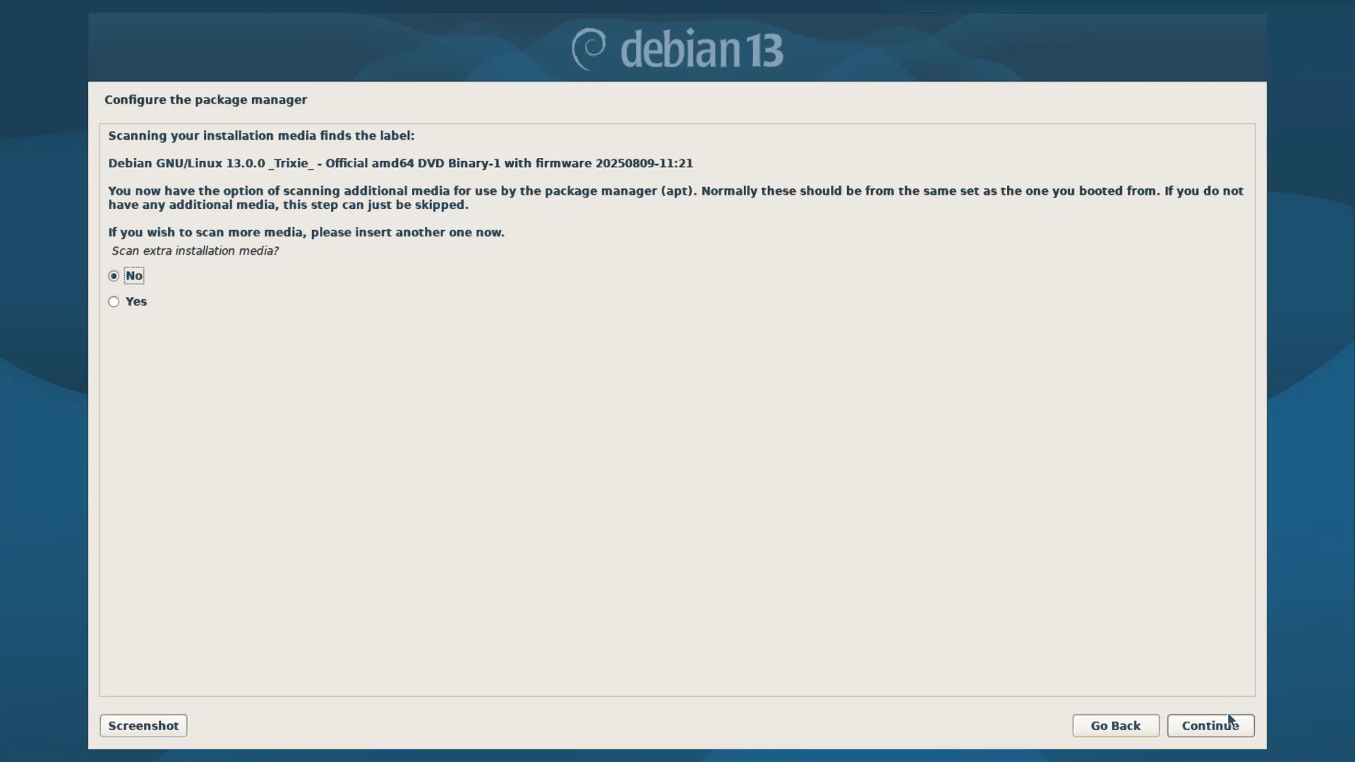 Debian Installer Menu - Scan Extra Installation Media