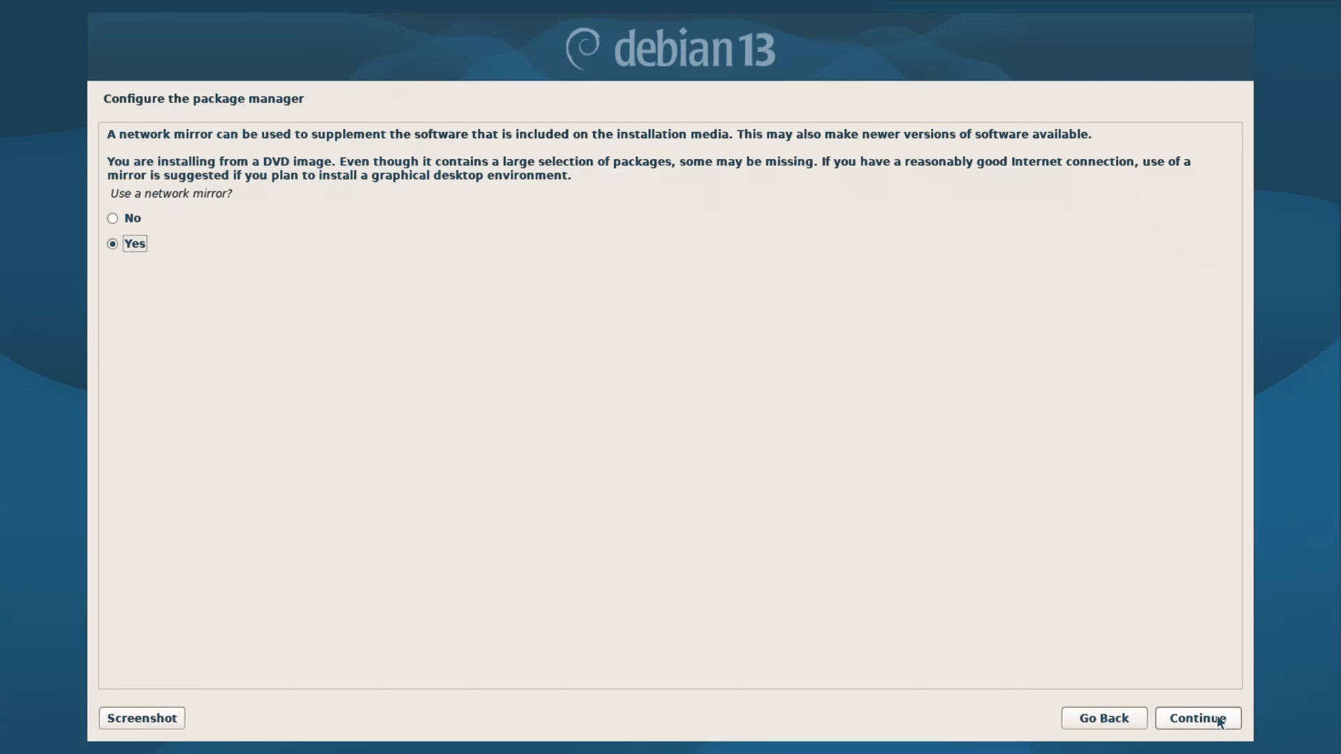 Debian Installer Menu - Choosing Network Mirror