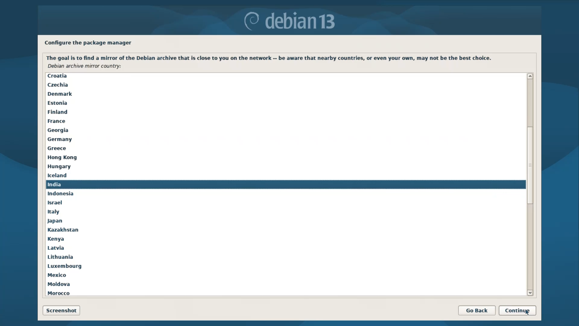 Debian Installer Menu - Choosing Archive Mirror Location