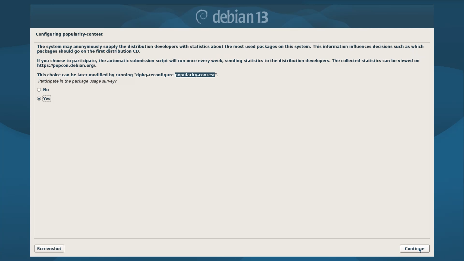 Debian Installer Menu - PopCon or Popularity Contest Survey