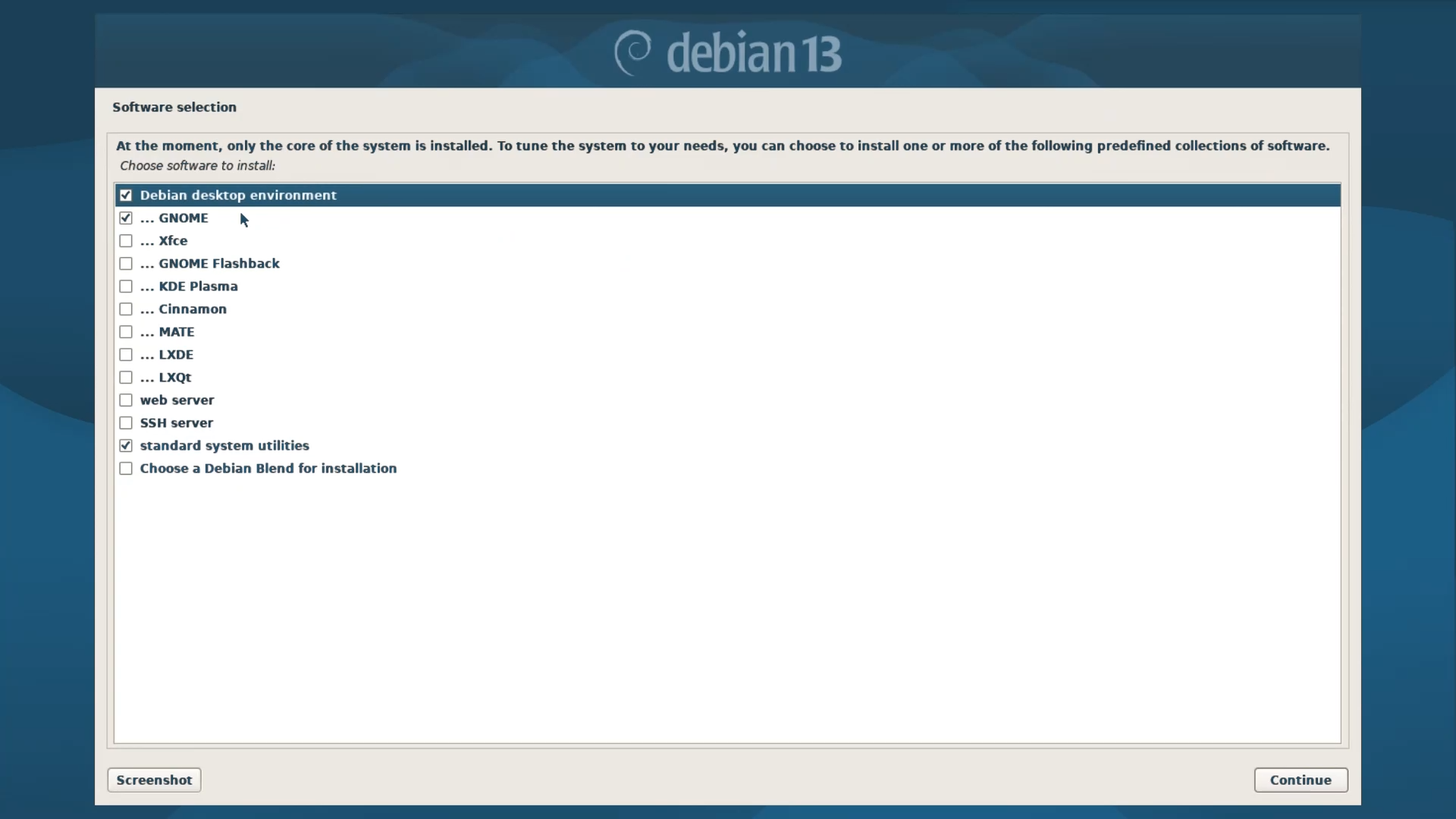 Debian Installer Menu - Tasksel Manager - Software Selection - Desktop Environment Selection