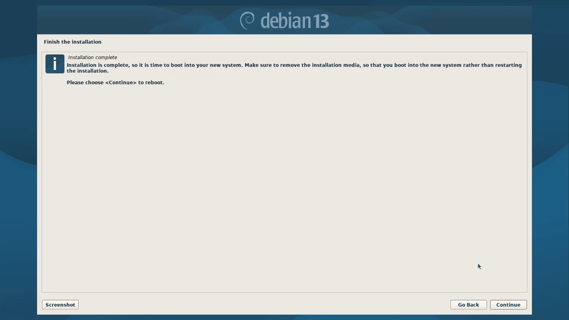 Debian Installer Menu - Reboot After Installation