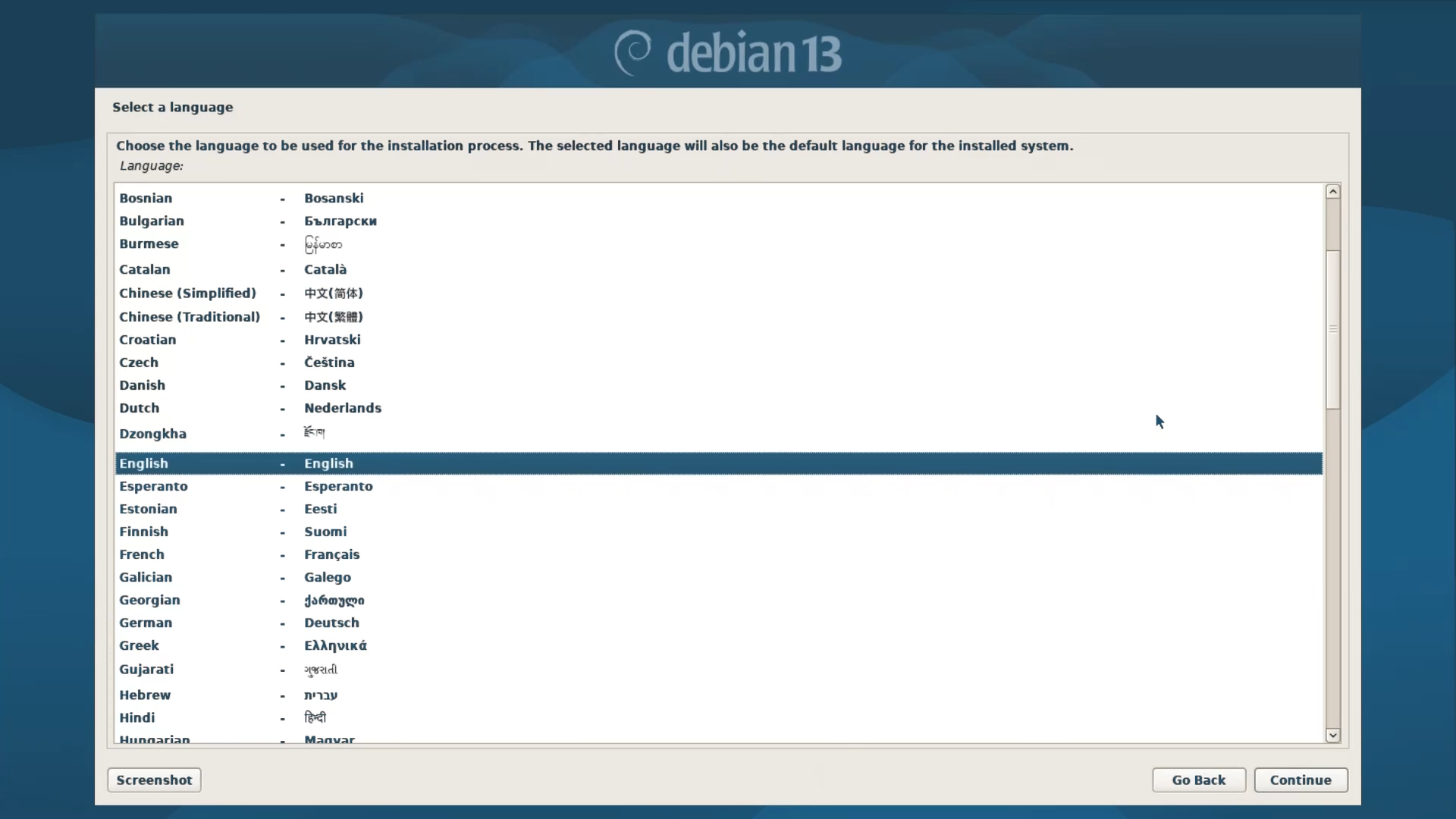 Debian Installer Menu - Language Selection