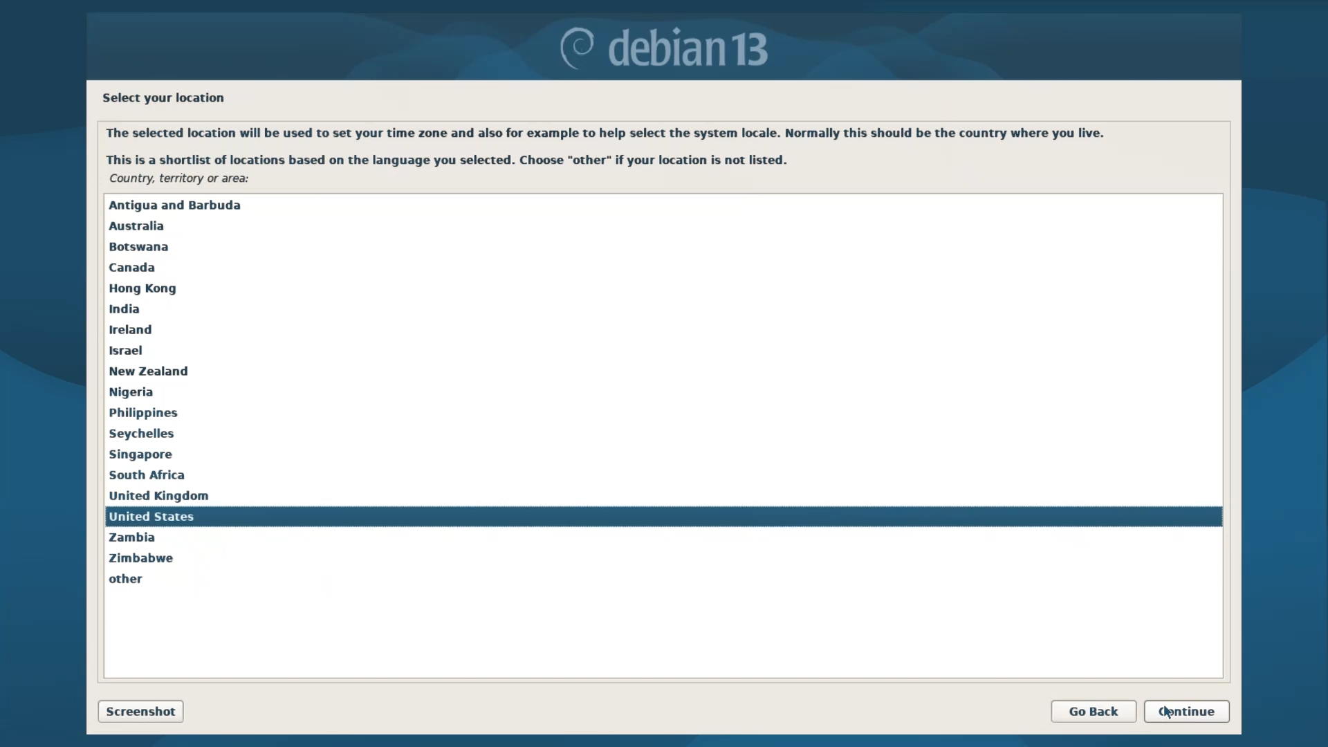 Debian Installer Menu - Location Selection