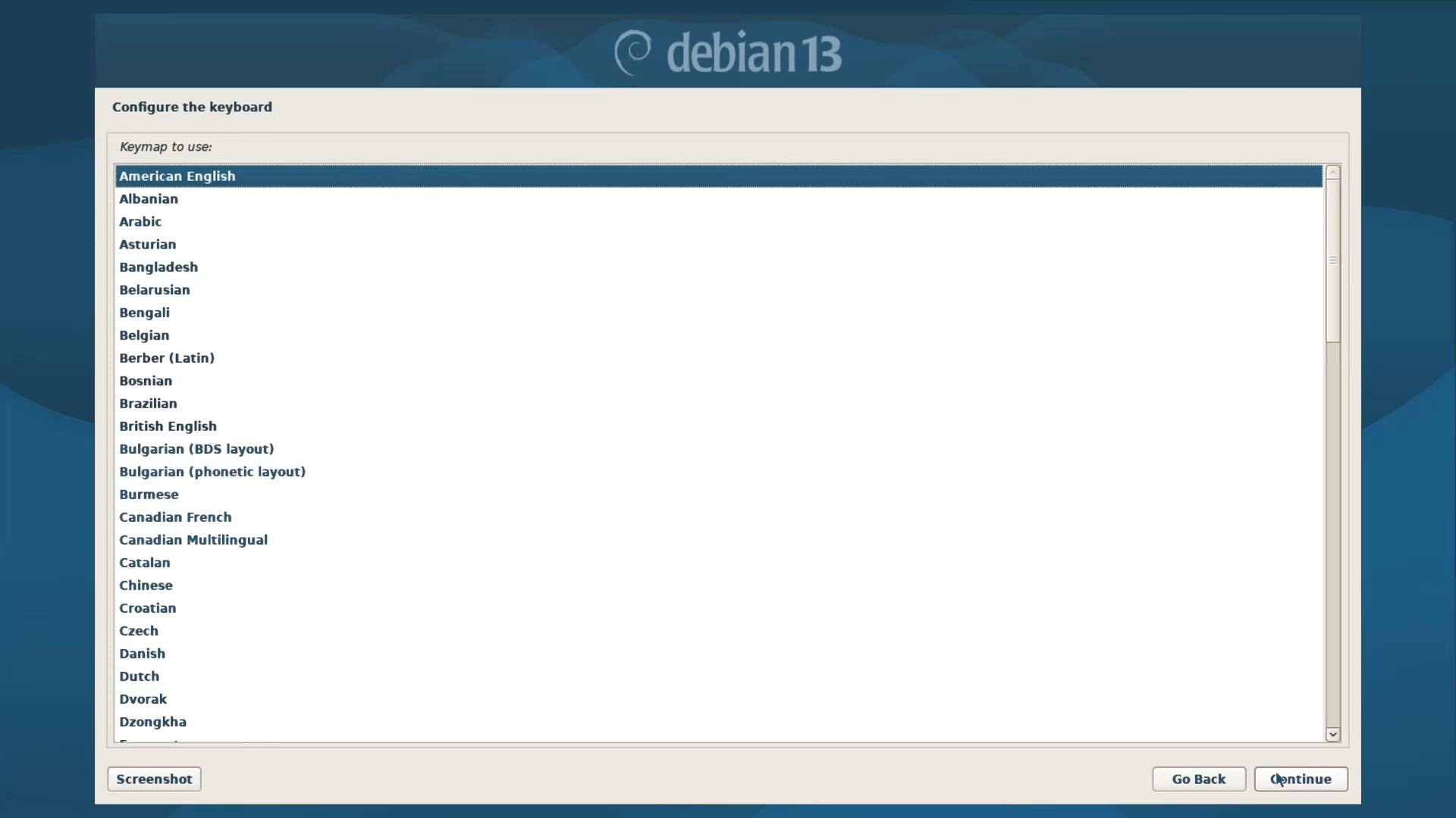 Debian Installer Menu - Keyboard Configuration