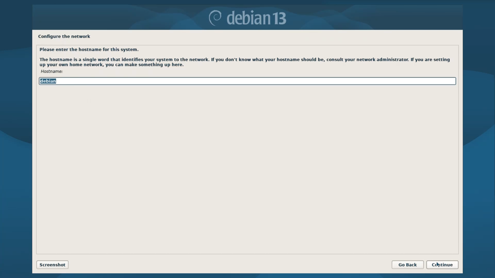 Debian Installer Menu - Hostname Configuration