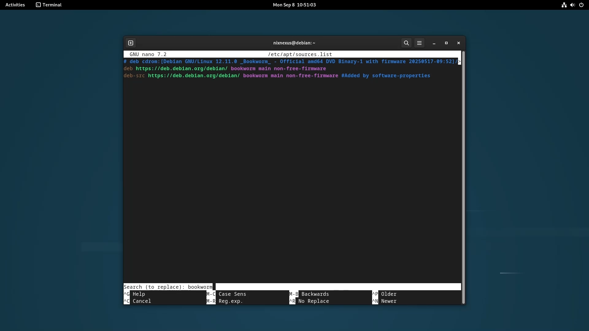 Upgrade from Debian 12 to Debian 13 - Editing the Debian sources.list file-2