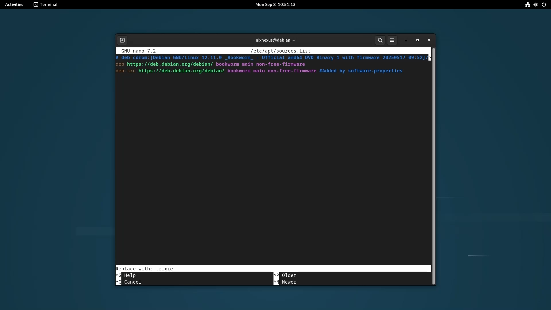 Upgrade from Debian 12 to Debian 13 - Editing the Debian sources.list file-3