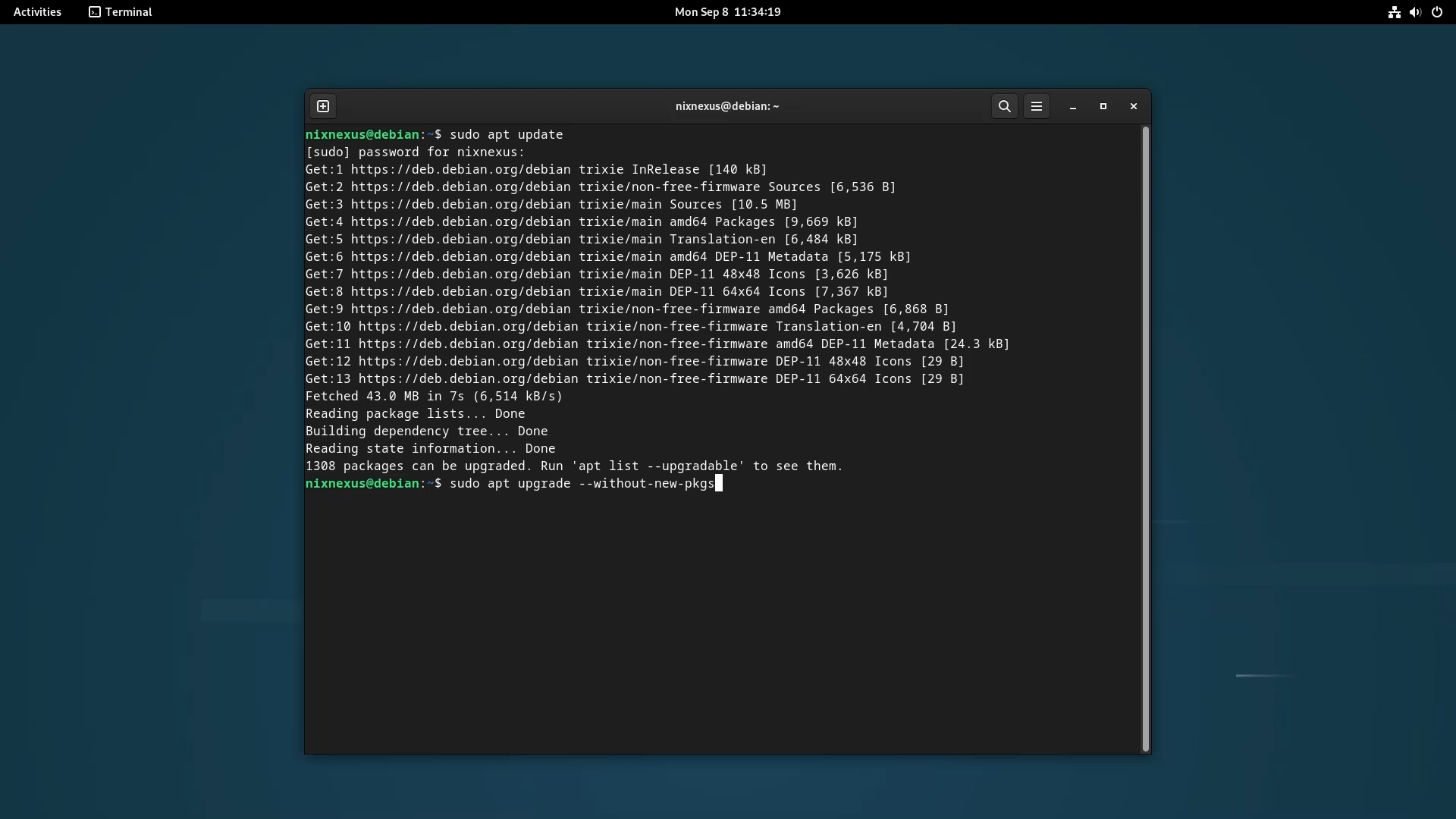 Upgrade from Debian 12 to Debian 13 - sudo apt upgrade --without-new-pkgs