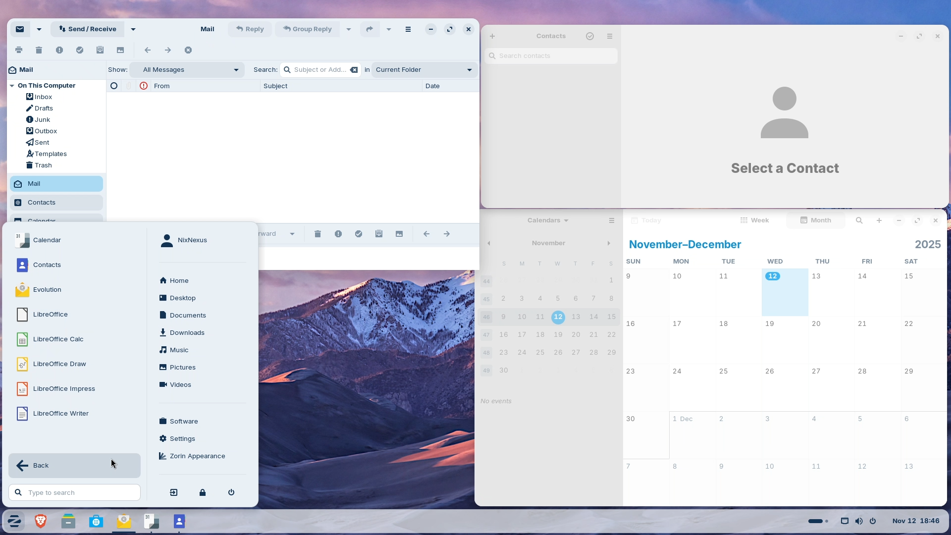 Zorin OS 18 - Evolution Email Client, Gnome's Contact and Calendar app