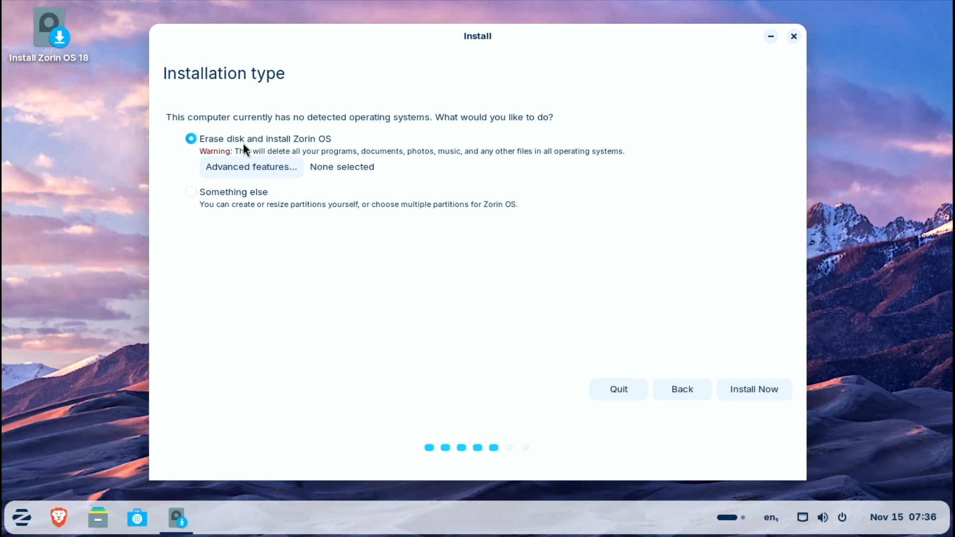 Zorin OS installation Step 4.1 - Option 1 Erase disk and install Zorin OS