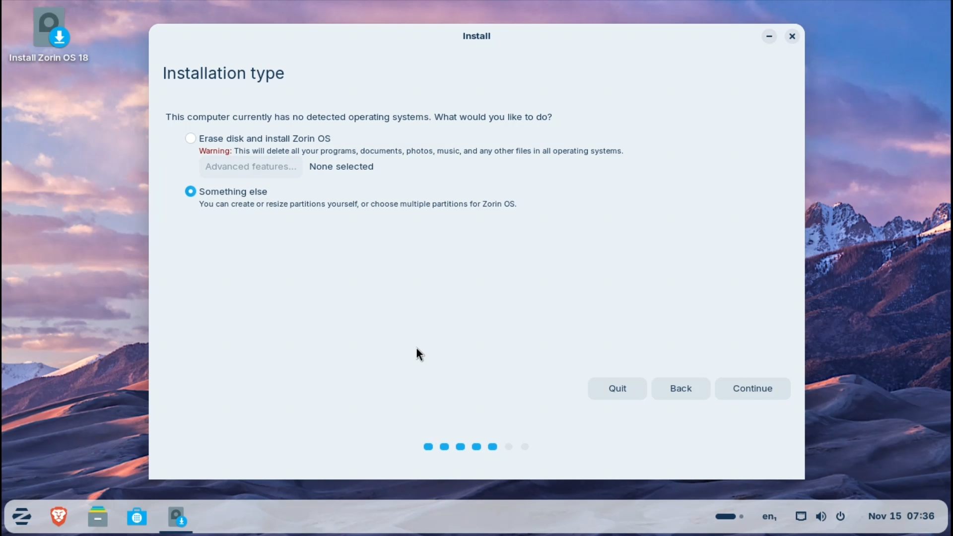 Zorin OS installation Step 4.2 - Option 2 Something else