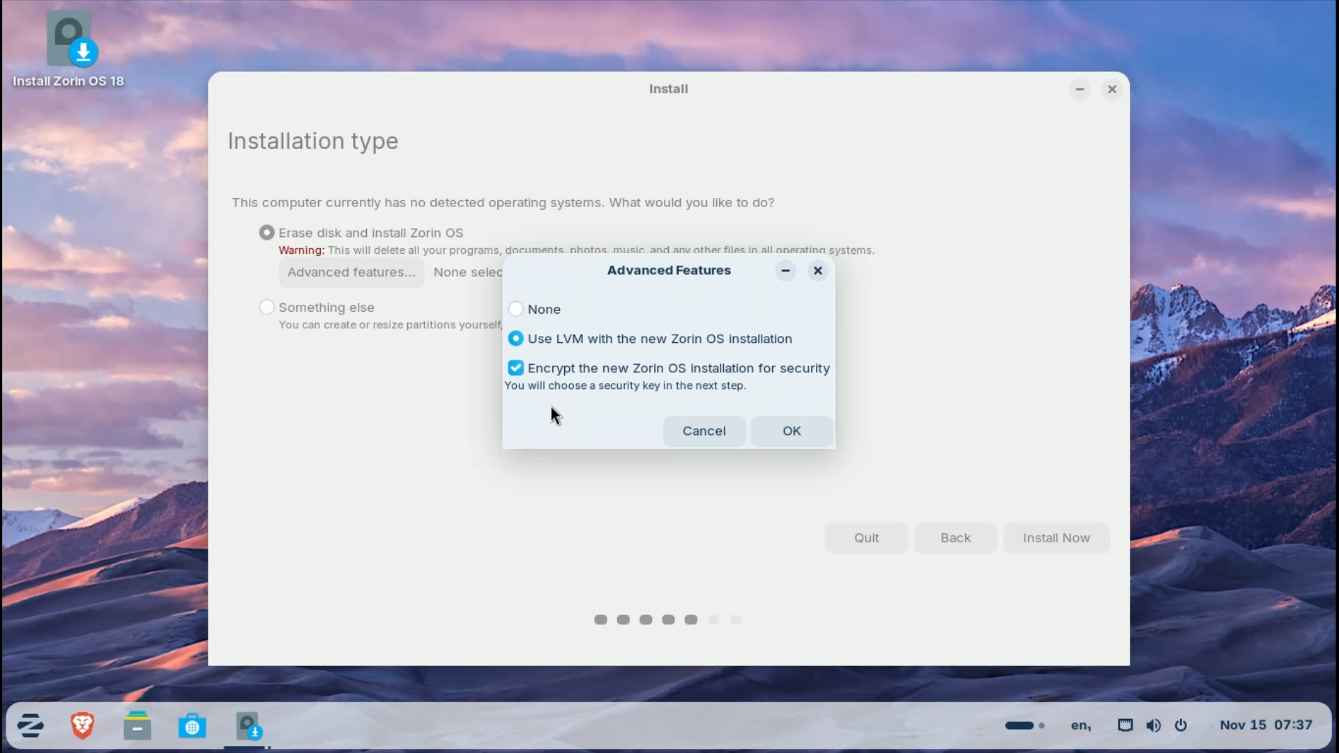 Zorin OS installation Step 4.5 - Disk Encryption & LVM