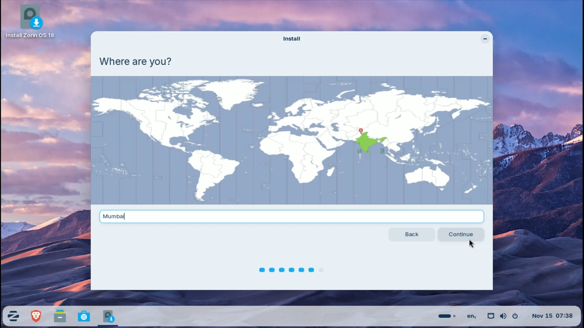 Zorin OS installation Step 5 - Location and Time Zone