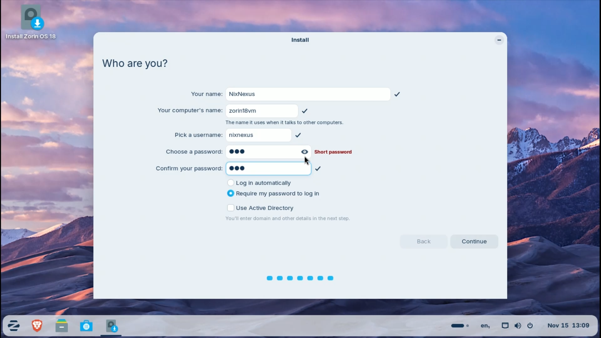 Zorin OS installation Step 6 - User Setup