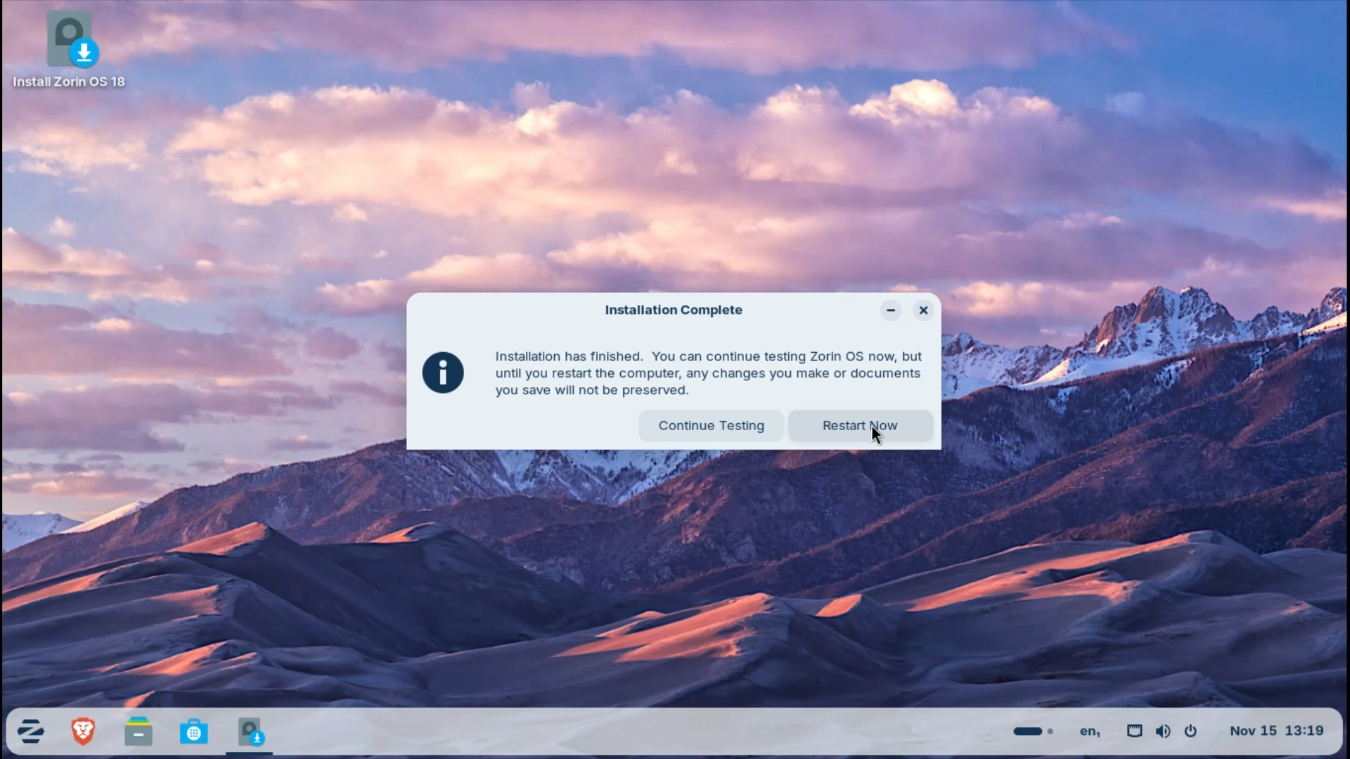 Zorin OS Post Installation Restart Prompt