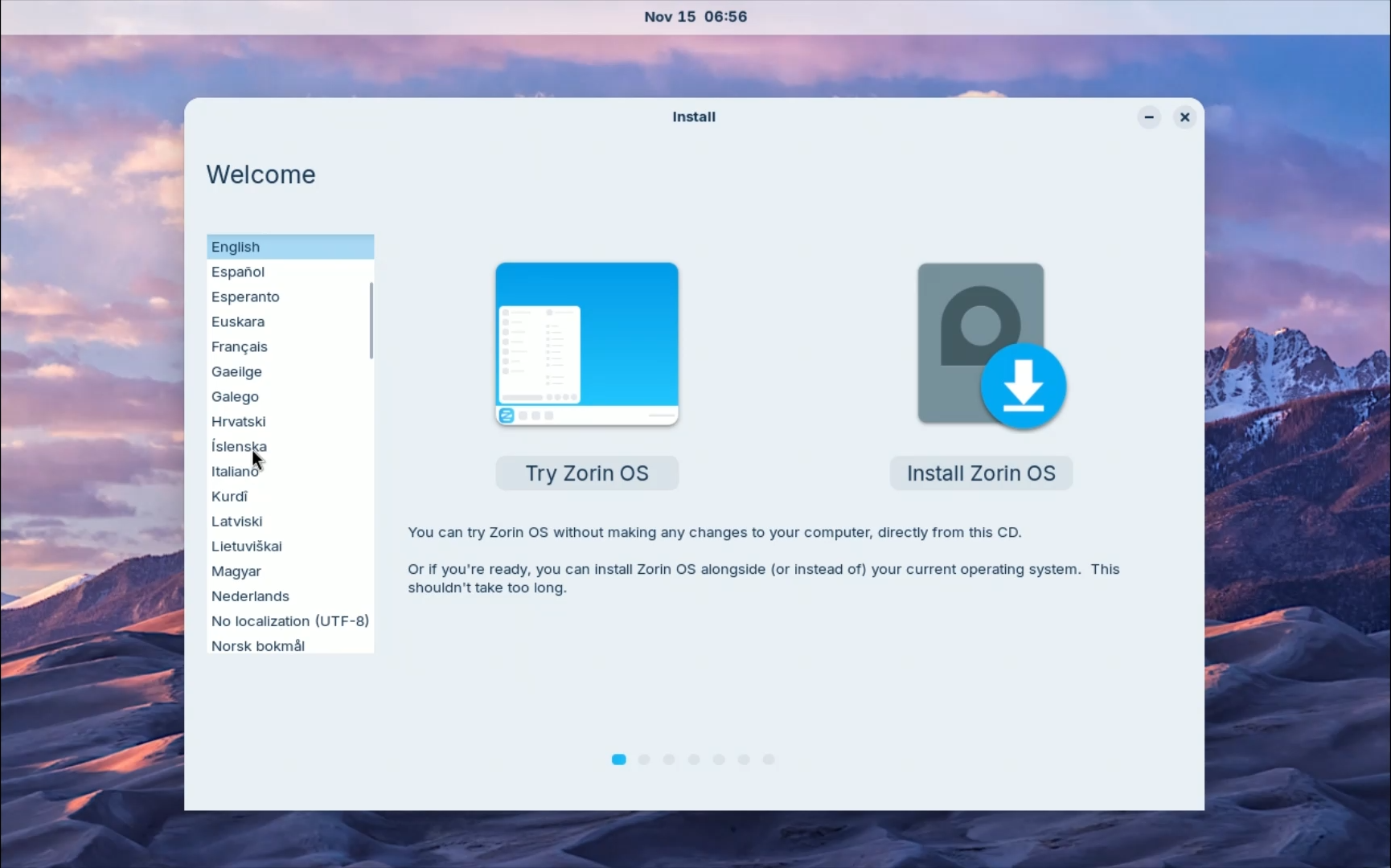 Zorin OS Install GUI Welcome Screen
