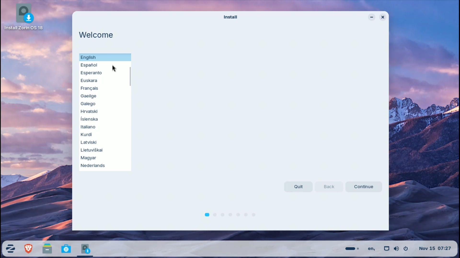 Zorin OS installation Step 1 - Language Selection