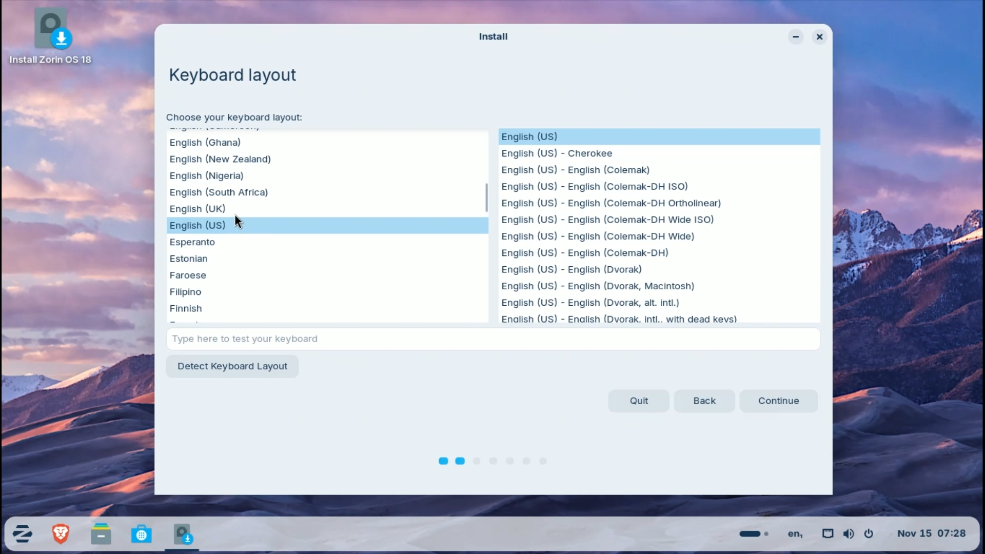 Zorin OS installation Step 2.1 - Keyboard Layout Configuration
