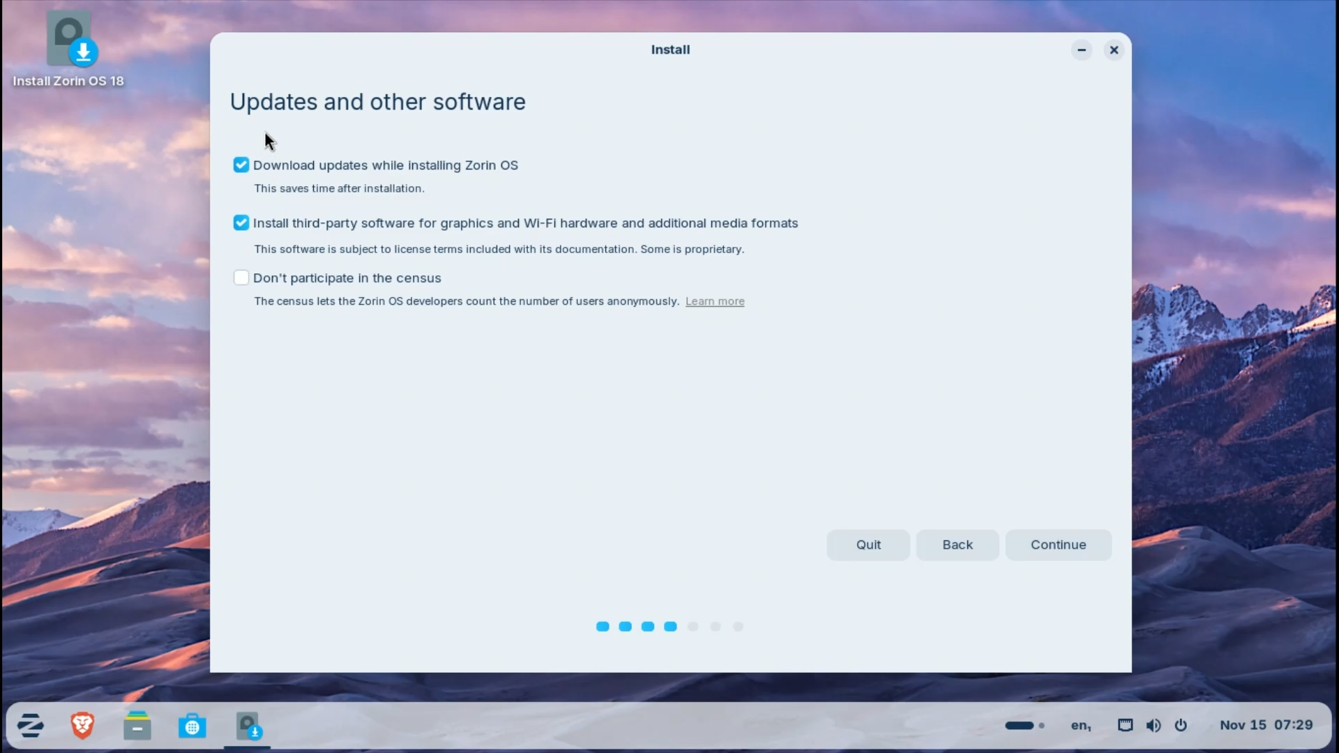 Zorin OS installation Step 3 - Updates & Software