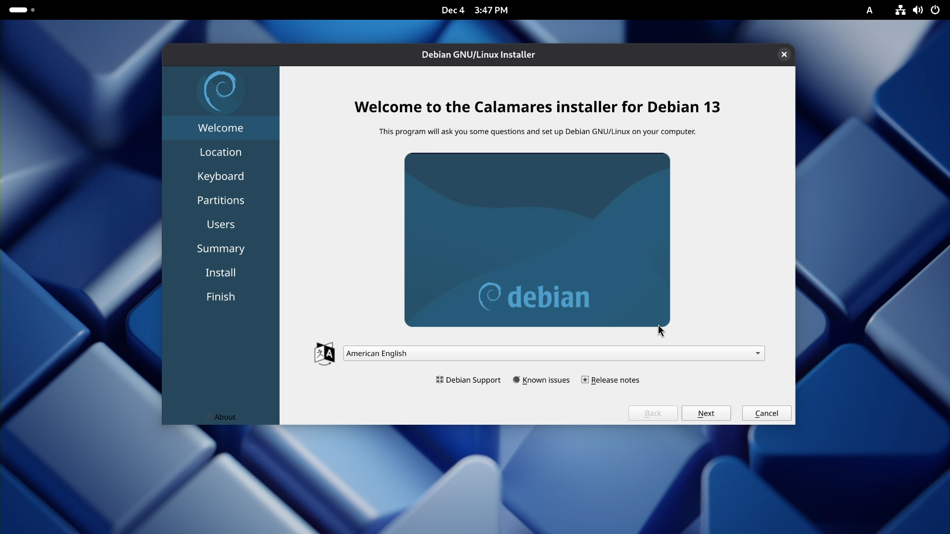 Debian Calamares Installer Welcome Screen and Language Selection