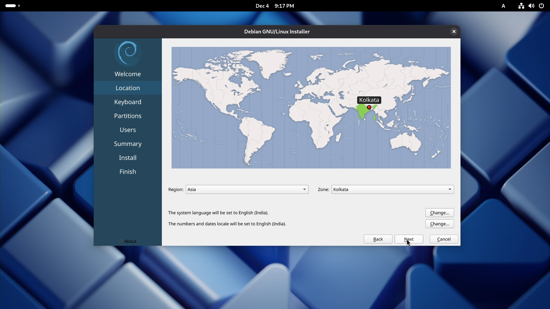 Debian Calamares Installer Location Setting