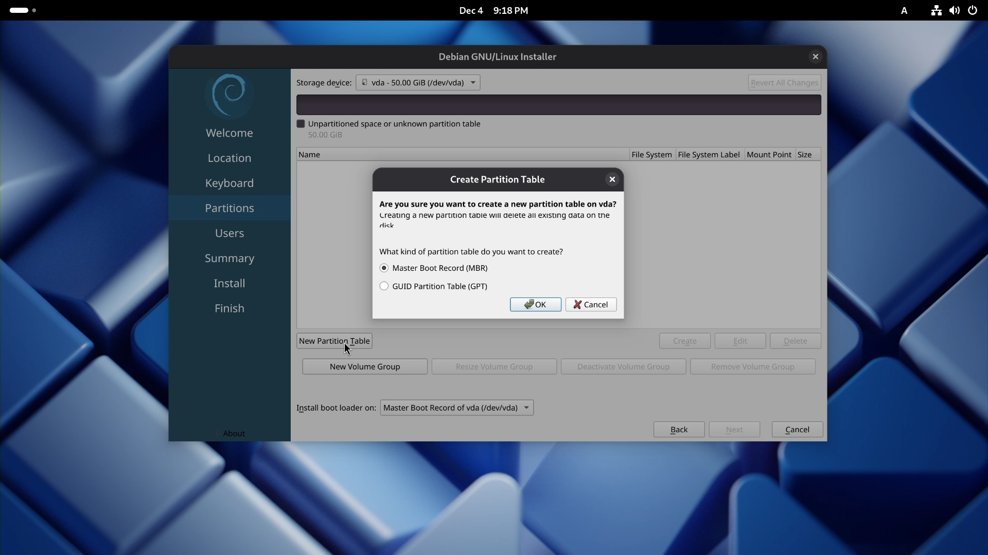 Debian Calamares Installer - Disk Partitioning - Manual Partition Creation