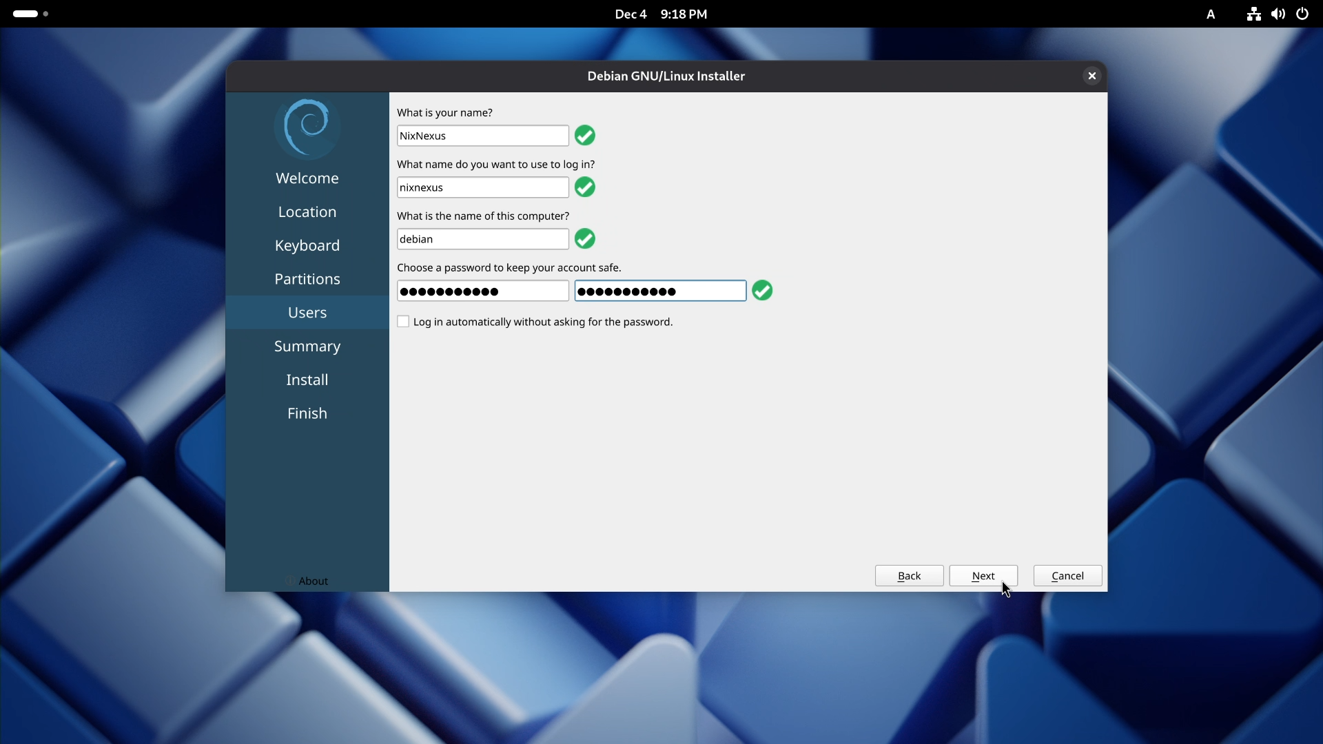 Debian Calamares Installer - User & Password Setup