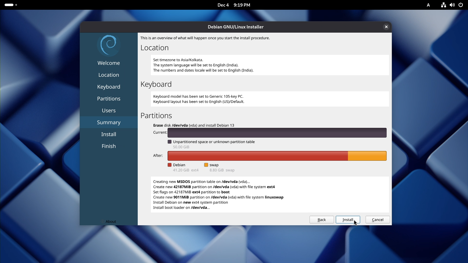 Debian Calamares Installer - Summary Review