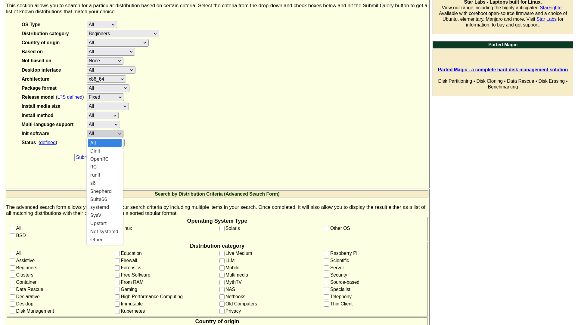 DistroWatch Search Filter - Question No.13: Init Software