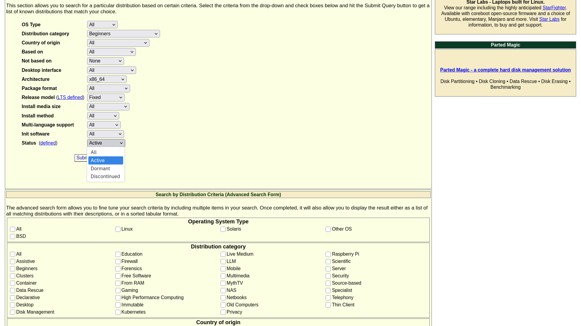 DistroWatch Search Filter - Question No.14: Status
