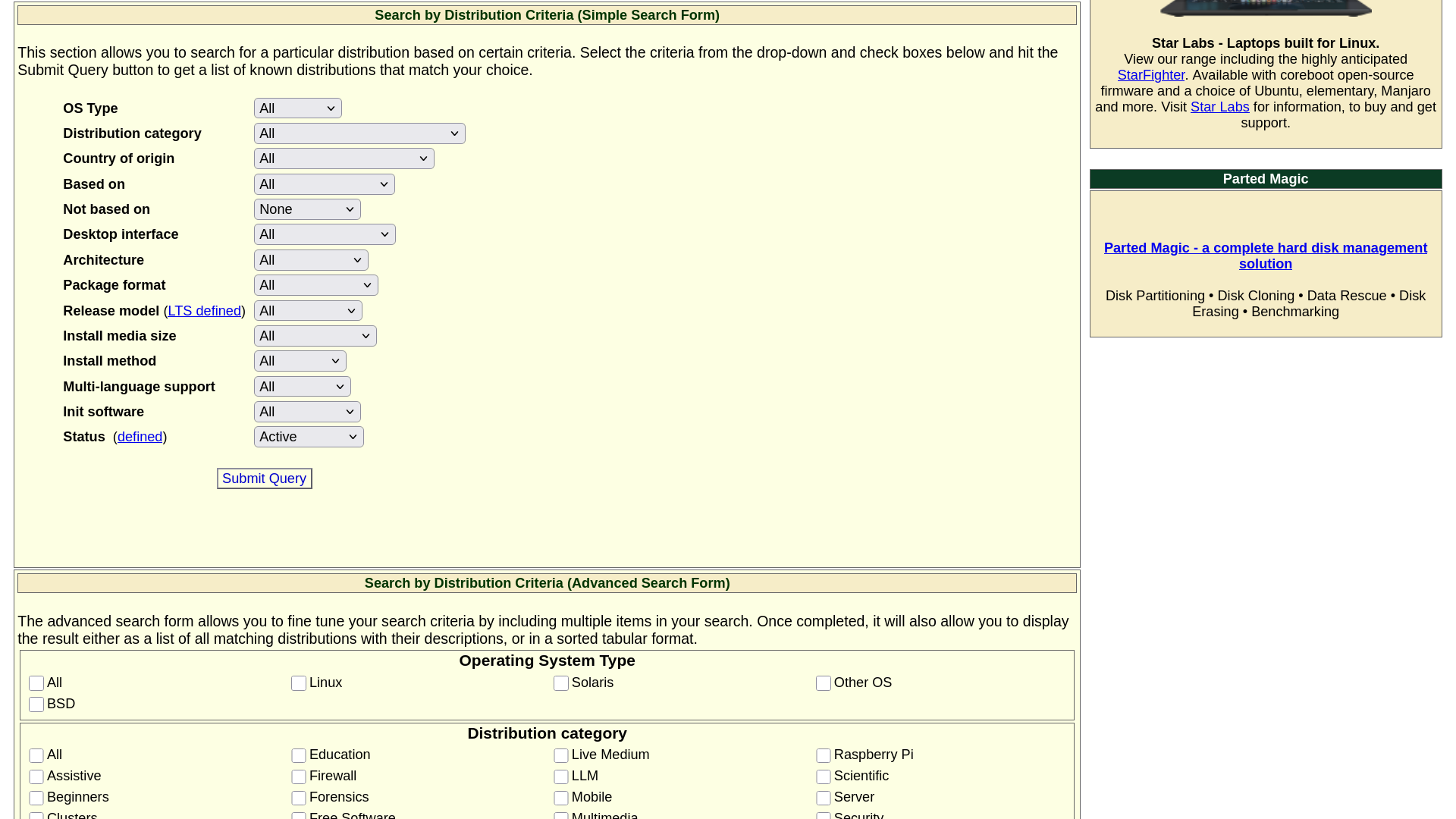 DistroWatch Search Page Drop-Down Filter