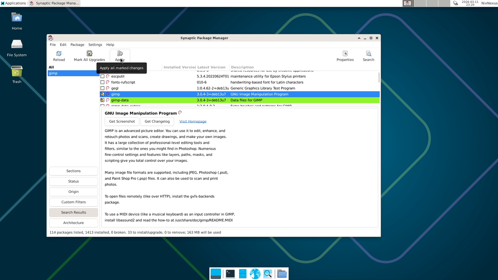 Synaptic Software Manager - Apply All Marked Changes
