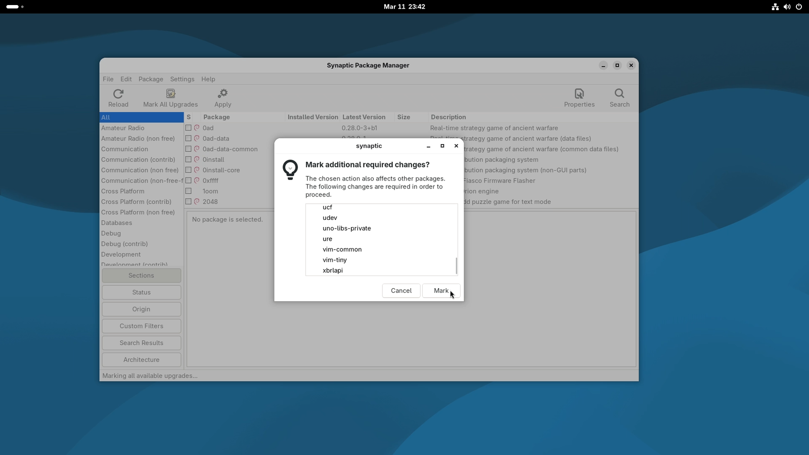 Synaptic Software Manager - Marked for Upgrade Summary