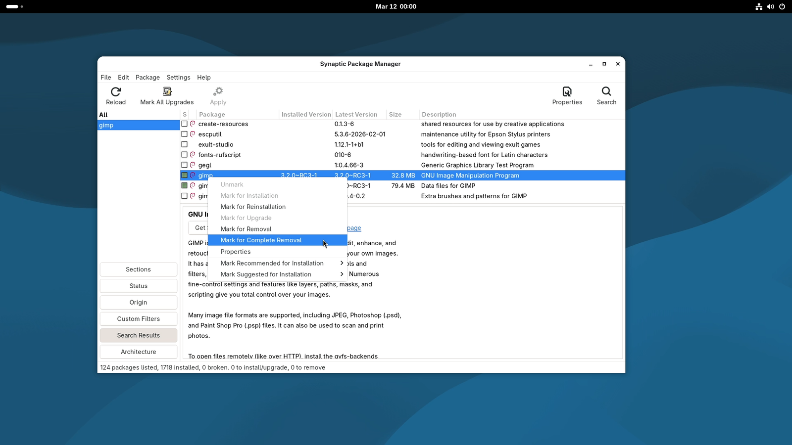 Synaptic Software Manager - Marked for Complete Removal