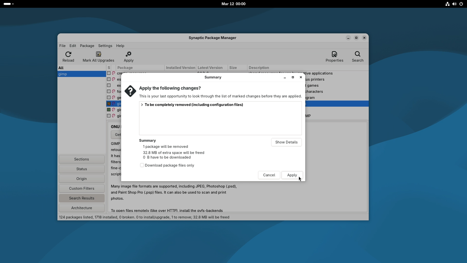 Synaptic Software Manager - Package Removal Summary