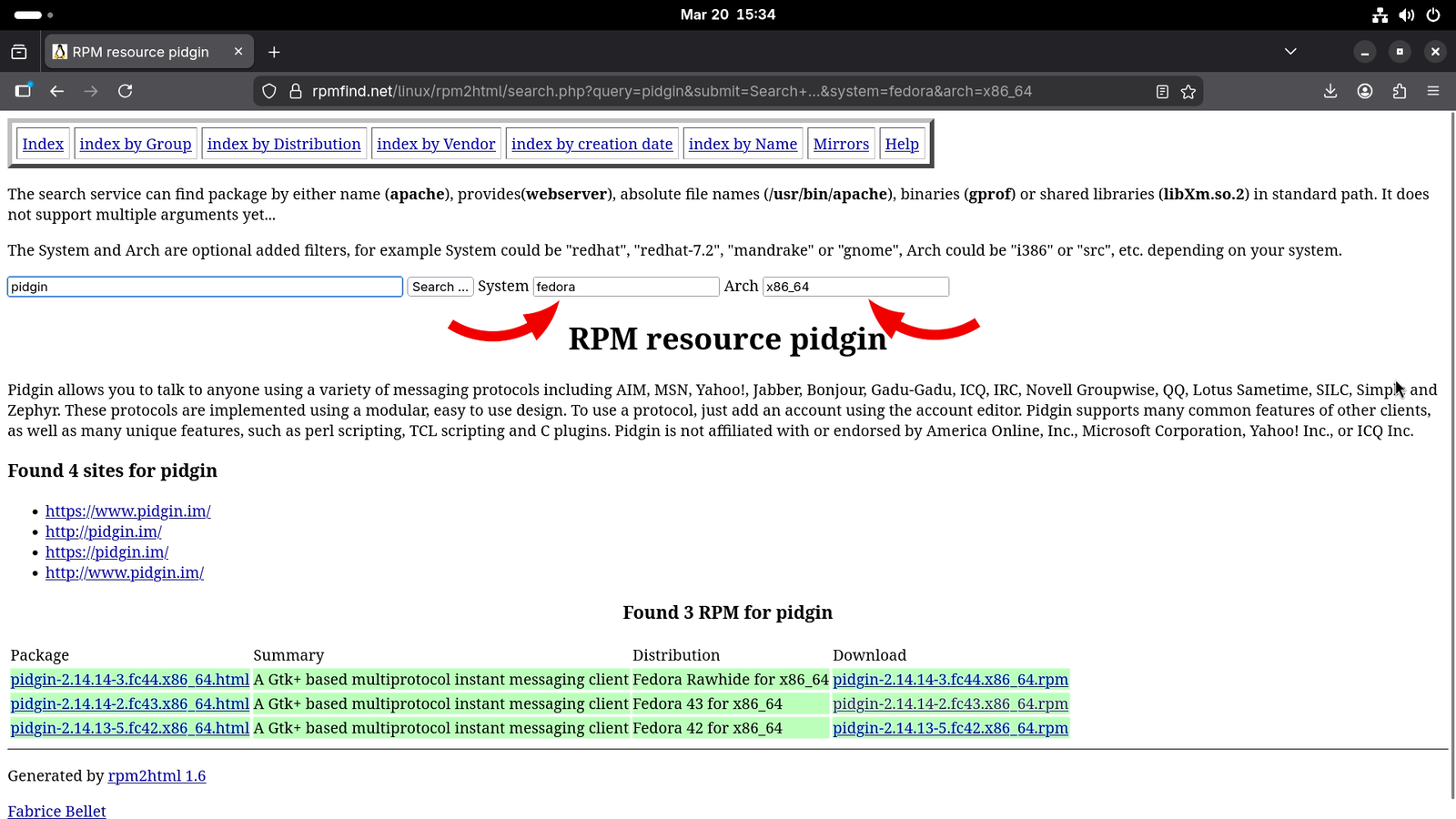 Filtering results at rpmfind.net with OS & Architecture