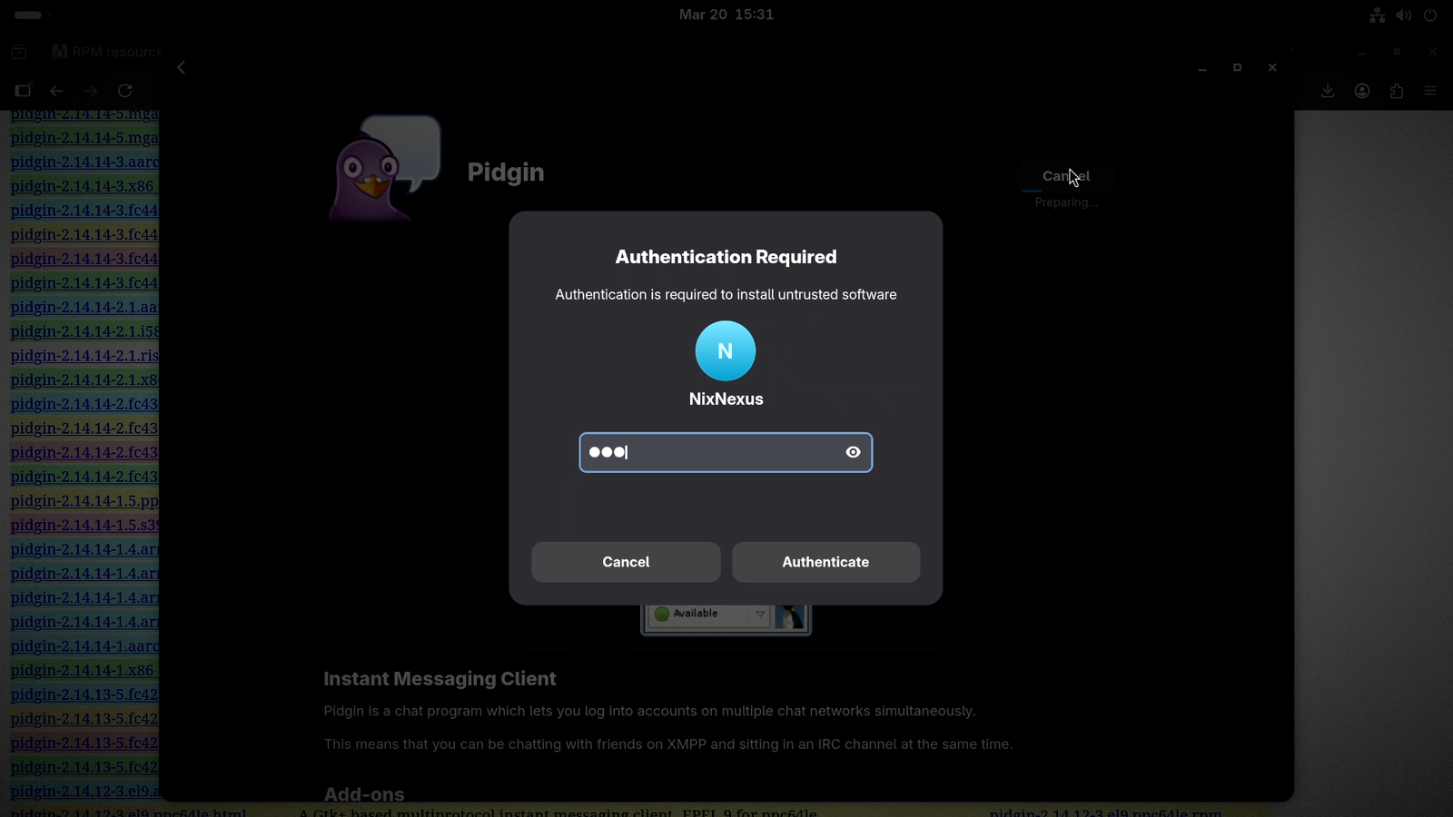 Authenticate Gnome Software Center to install .rpm Package