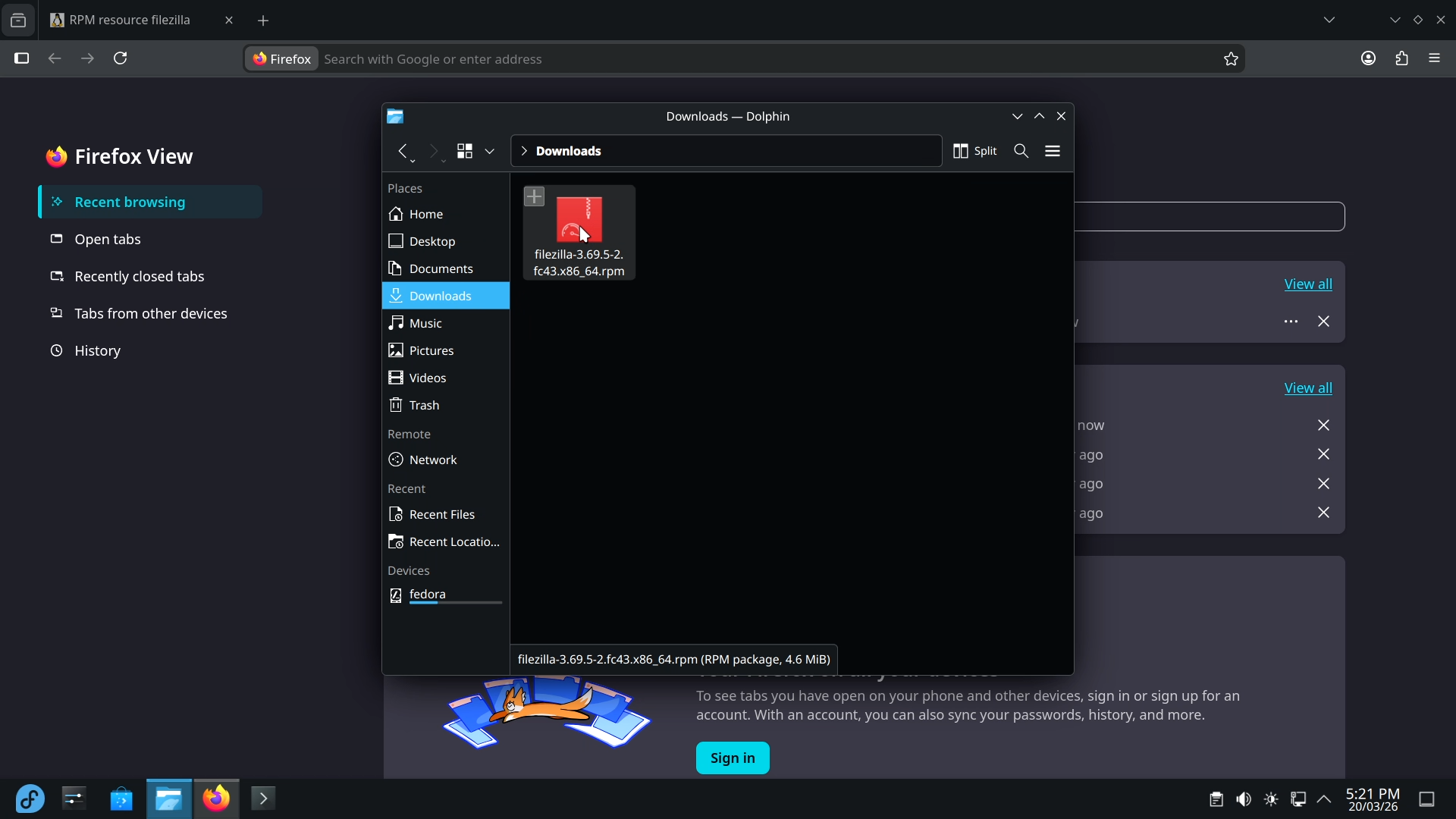 .rpm Package in Dolphin File Manager