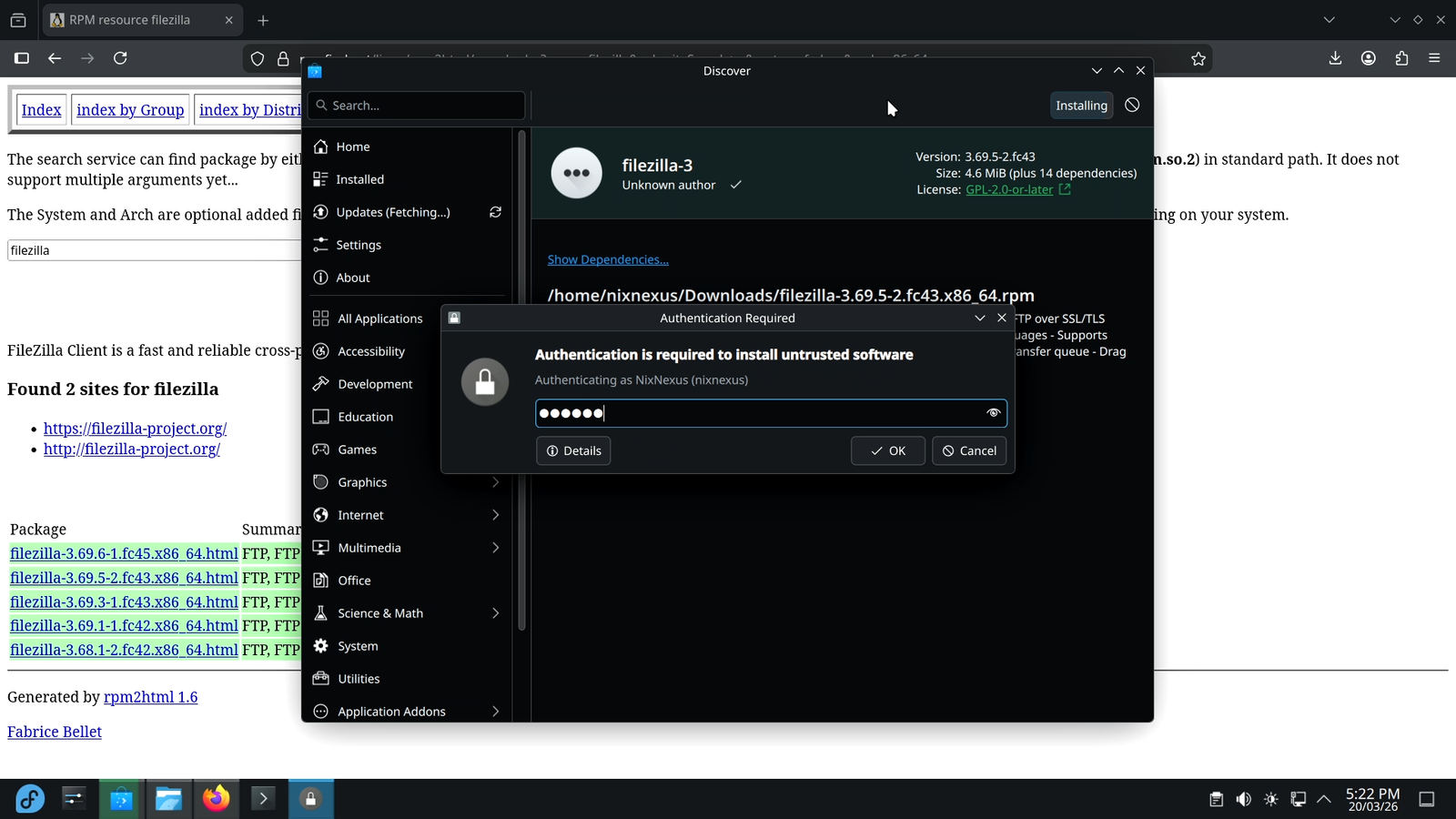 Authenticate Discover Software Center to install .rpm Package