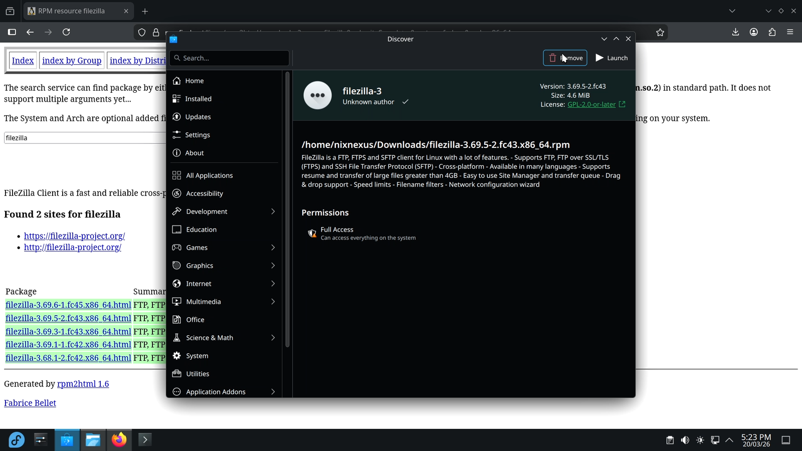 Uninstalling / Removing .rpm Package with Discover Software Center
