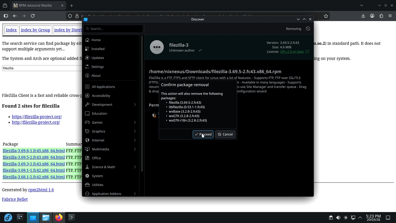 Reconfirm the removal of .rpm Package with Discover Software Center