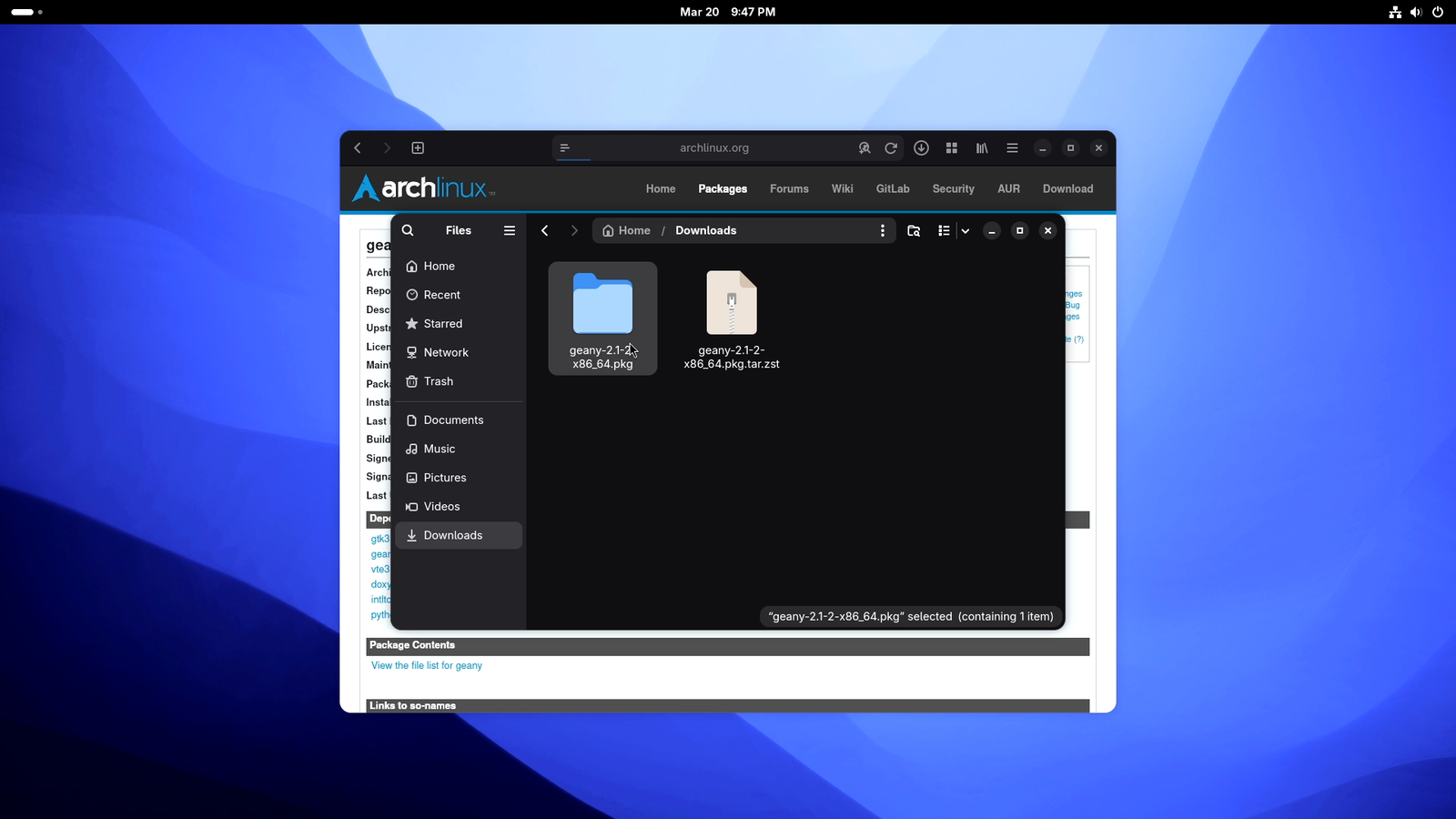ArchLinux (Gnome) treating .pkg.tar.zst as an archive